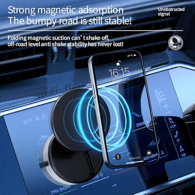 Most Powerfull Magnetic Phone Holder for Car, 360° Rotatable Phone Holder, Mini Car Phone Mount with Vacuum Suction Cup, Foldable Stand with Magnetic Ring for Mirror/Shower/Smooth Surface, for all Smartphone